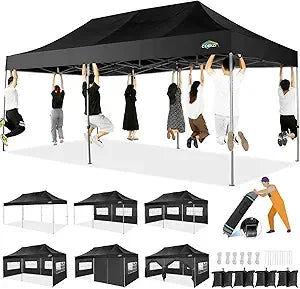 10x20 Heavy Duty Pop up Canopy Tent with 6 sidewalls Easy Up Commercial Outdoor Wedding Party Tents for Parties All Season Wind